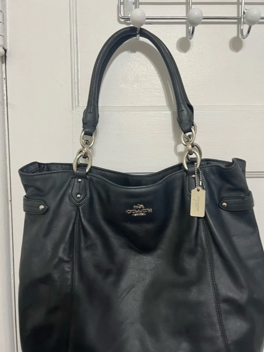 Coach Black Leather Tote with Silver-Tone Hardware
